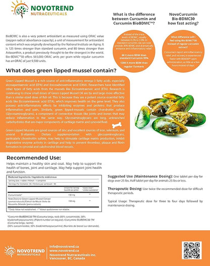 NovoCurcumin Pet+ BioBDMC30 Bone & Joint - Skin & Coat Formula - 90 Chewable Tablets