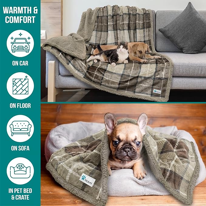 PetAmi Dog Blanket for Medium Large Dogs, Pet Bed Blanket Cat Puppy Kitten, Fleece Furniture Couch Cover Protector Sofa Car, Soft Sherpa Dog Throw Plush Reversible Washable, 40x60 Plaid Taupe