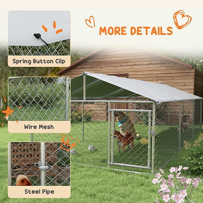 PawHut Large Dog Kennel Outside, Heavy Duty Dog Cage with Waterproof Cover, Outdoor Fence Dog Run with Galvanized Chain Link, Secure Lock, 19.7' x 7.5' x 4.9'