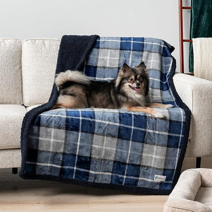 PetAmi WATERPROOF Dog Blanket for Medium Large Dog, Pet Puppy Blanket Couch Cover Protection, Sherpa Fleece Cat Blanket, Sofa Bed Furniture Protector Reversible Soft Plush Washable, 60x40 Plaid Navy