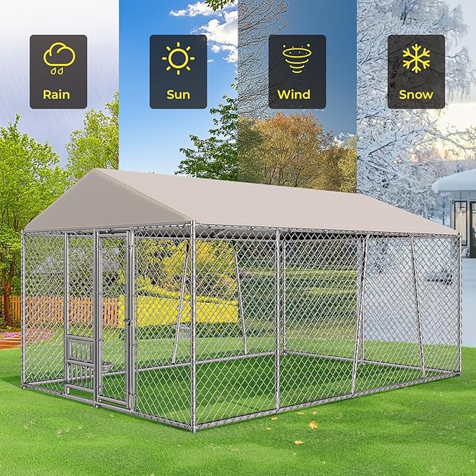 10 x 15FT Large Outdoor Dog Kennel with Bowls, Dog Kennel Outside with Waterproof Cover Roof, Galvanized Heavy Duty Chain Link Dog Runs Cage Playpen for Outside with Secure Lock