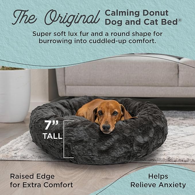 Best Friends by Sheri Original Calming Donut Dog and Cat Bed, Lux Faux Fur, Mink Dark Gray, (23in x 23in) - Anxiety Relief for Pets Up to 25 lbs