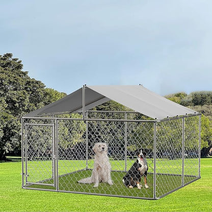 9.8' Outdoor Dog Cage with Waterproof UV-Resistant Cover,Large Metal Galvanized Rustproof Outdoor Puppy Fence W/Security Door,Heavy Duty Kennel for Farm & Garden,Silver