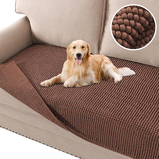 H.VERSAILTEX Plush Chenille Dog Bed Cover Thick Soft Loveseat Cover for 2 Cushion Couch Anti Slip Couch Cover Furniture Protector for Dog, Pet, Cat (35" x 62", Caramel)
