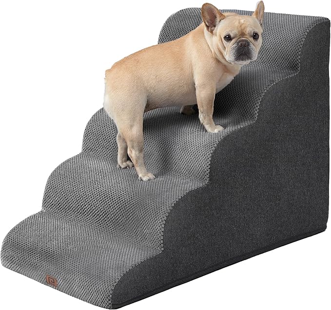 EHEYCIGA Curved Dog Stairs Ramp for High Beds, 5-Step Extra Wide Dog Steps for Small Dogs and Cats, Pet Stairs for High Bed Climbing, Non-Slip Balanced Pet Step Indoor, Grey