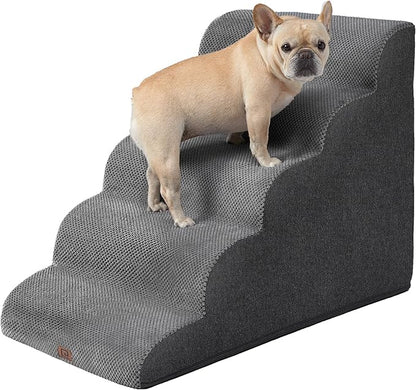 EHEYCIGA Curved Dog Stairs Ramp for High Beds, 5-Step Extra Wide Dog Steps for Small Dogs and Cats, Pet Stairs for High Bed Climbing, Non-Slip Balanced Pet Step Indoor, Grey