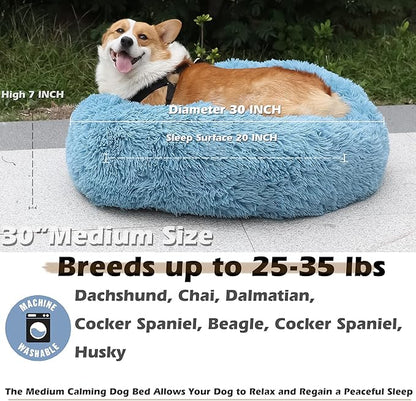 Dog Beds for Medium Dogs Washable Calming Bed for Dogs Blue Fluffy and Soft Dog Bed Anti Anxiety Faux Fur Round Medium Sized Pet Bed for Dogs