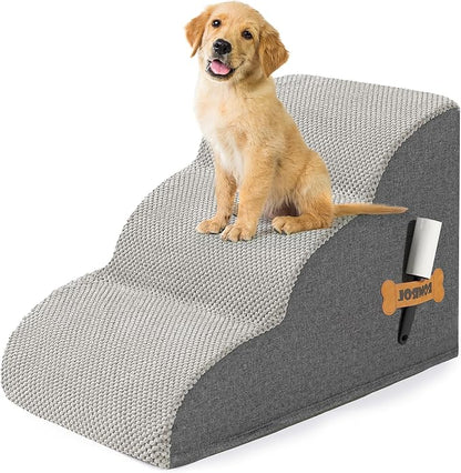 Romrol Dog Stairs Ramp for Beds Couches, Extra Wide Pet Steps with Durable Non-Slip Waterproof Fabric Cover, Pets Slope Stairs, 3-Tiers,Light-Grey