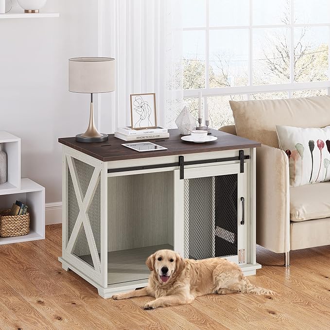 GAOMON 37'' Sliding Barn Door Dog Crate Furniture with Flip Top and Movable Divider, Wooden Dog Crate Table, Dog Kennel Side End Table, Furniture Style Large Dog House, White