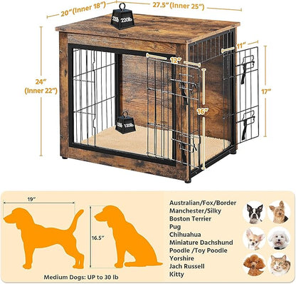 Yaheetech 27.5'' Dog Crate Furniture with Cushion Wooden Dog Crate with Double Doors/Adjustable Feet Side End Table for Small/Medium Dogs, 27.5" L x 20" W x 24" H