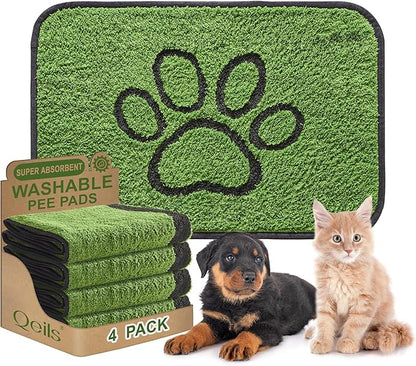 Qeils Washable Pee Pads for Dogs, 4 Pack Super Absorbent Reusable Puppy Pads with Green Long Wool for Potty Training, Floor, Couch, Bed, and Crate,24"x 36"