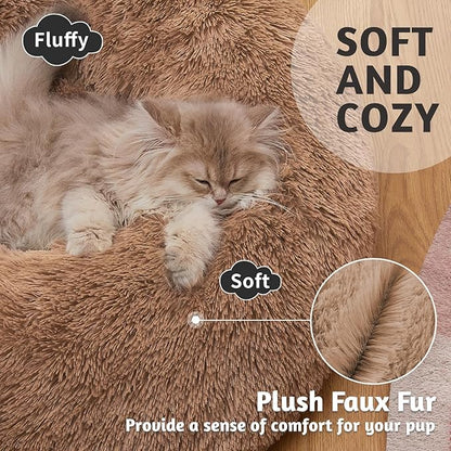 OhGeni Calming Donut Cat Bed For Indoor Cats, Machine Washable Plush Warming Bed For Kitten & Puppy, Anti-Slip Round Cuddle Comfort Pet Bed, Cozy Fluffy Fur Bed for Small Cats & Dogs, Ocher, 20 inches