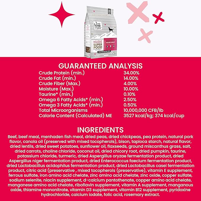 I and love and you Nude Super Food Dry Dog Food - Red Meat Medley - Prebiotic + Probiotic, Grain Free, Real Meat, No Fillers, 23lb Bag