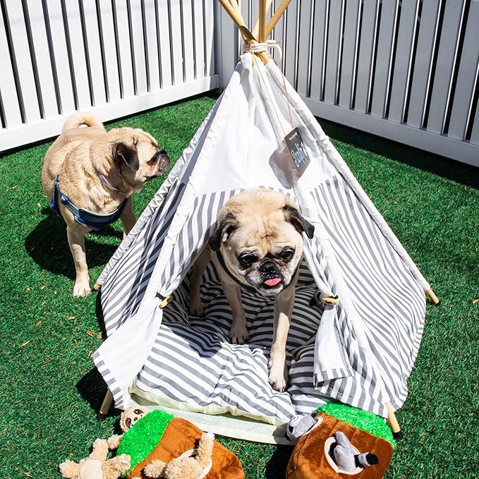 Dog Teepee Cozy Retreat, Portable Pet Tent for Small Dogs with Soft Cushion, Easy to Clean Canvas Pet House, 27.5 x 23.6 inches, Foldable Grey and White Striped
