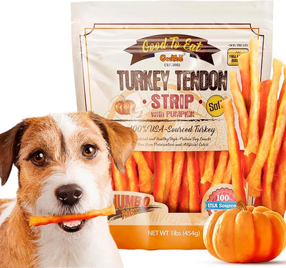 Gootoe Soft Turkey Tendon Dog Treat Natural Chewy Snack, 100% USA-Sourced, Premium Training Chew, Reseal Value Bag, Ideal for Small & Senior Dogs, Soft Strip with Pumpkin Jumbo Pack, 1 lb (Pack of 1)
