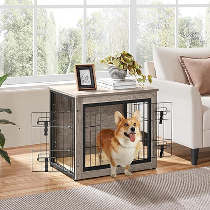 Yaheetech 27.5'' Dog Crate Furniture with Cushion Wooden Dog Crate with Double Doors/Adjustable Feet Side End Table for Small/Medium Dogs, Greige