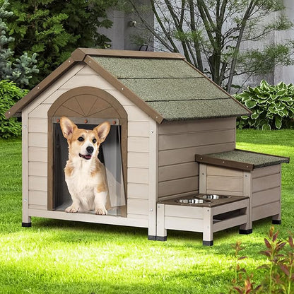 Dog House Outside, Wood Dog House Outdoor with Feeding Area and Door Curtain Open Roof Doghouse for Medium Small Dogs-Cream