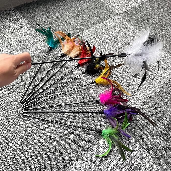 10-Pack Cat Feather Wand Toys with Bell, Natural Feather Interactive Teaser for Indoor Kittens Friendly Cat Toy