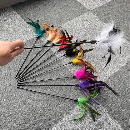 10-Pack Cat Feather Wand Toys with Bell, Natural Feather Interactive Teaser for Indoor Kittens Friendly Cat Toy