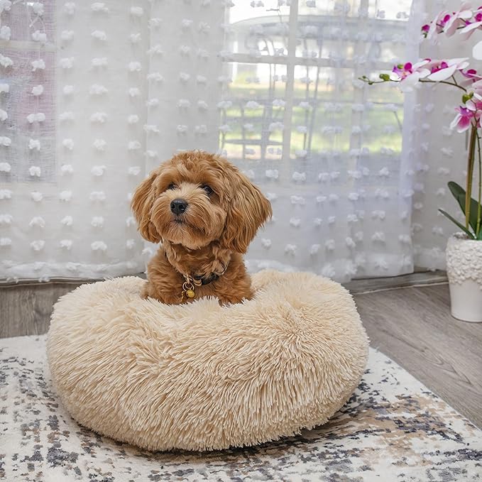 Small Dog Bed Calming Dogs Bed for Small Medium Large Dogs Anti-Anxiety Puppy Bed Machine Washable Warming Cozy Soft Pet Round Bed Fits up to 10-100 lbs (Small (Pack of 1), Beige)