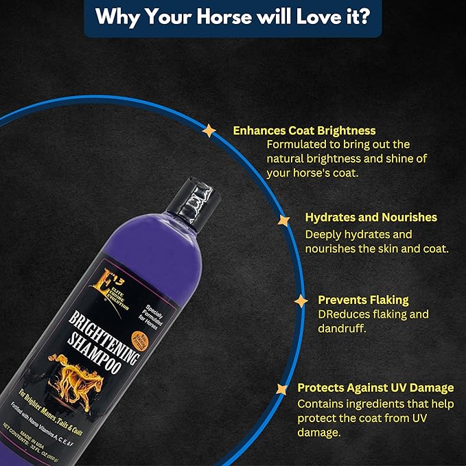 E3 Brightening Shampoo for Horses 32oz - Enhances Coat Color, Deep Cleansing, Moisturizes & Conditions, Gentle Formula, Vet Approved