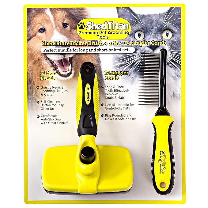 Slicker Dog Brush for Goldendoodles, Poodles & Dematting Pet Comb Value Kit - Easy Self Cleaning Slicker Brush for Grooming Dogs, Golden Doodle, Poodle, Cats - Detangle Comb Removes Matts