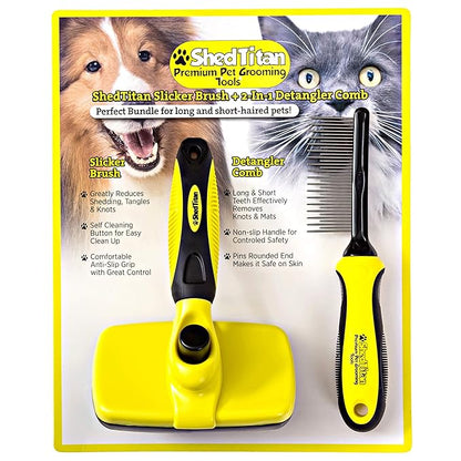 Slicker Dog Brush for Goldendoodles, Poodles & Dematting Pet Comb Value Kit - Easy Self Cleaning Slicker Brush for Grooming Dogs, Golden Doodle, Poodle, Cats - Detangle Comb Removes Matts