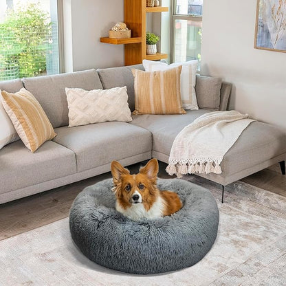 Best Friends by Sheri Original Calming Donut Dog and Cat Bed, Shag Faux Fur, Gray, (30in x 30in) - Anxiety Relief for Pets Up to 45 lbs
