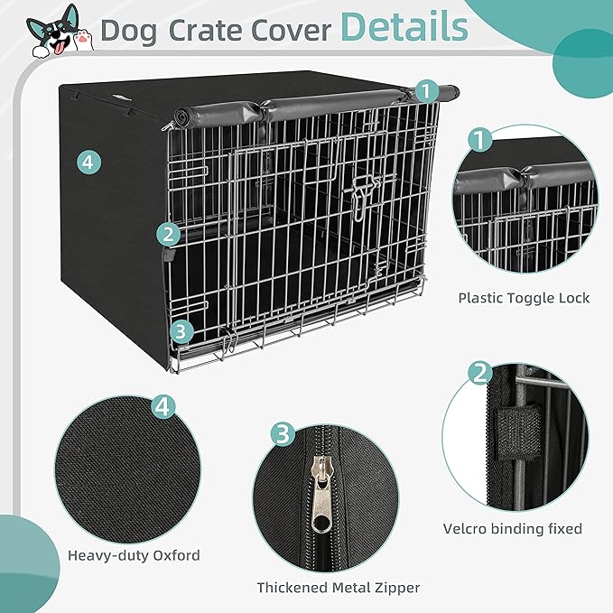 48 Inche Dog Crate Cover, Double Door Dogs Kennel Covers for Large Wire Crate, Lightweight 600D Polyester Windproof, Cover Only, Black