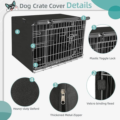 48 Inche Dog Crate Cover, Double Door Dogs Kennel Covers for Large Wire Crate, Lightweight 600D Polyester Windproof, Cover Only, Black
