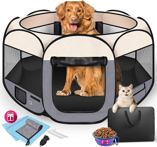 45" Foldable Pet Playpen for Large Dogs, HOMAGICO Pet Playpen for Indoor Cats Enclosed, Portable Dog Playpen Outdoor Tent Crate with Carrying Case, Water-Resistant and Removable Shade Cover, Grey