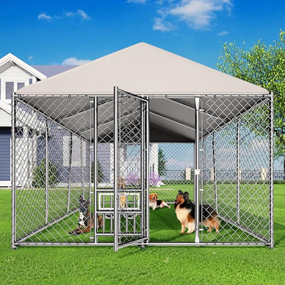 10 x 15FT Large Outdoor Dog Kennel with Bowls, Dog Kennel Outside with Waterproof Cover Roof, Galvanized Heavy Duty Chain Link Dog Runs Cage Playpen for Outside with Secure Lock
