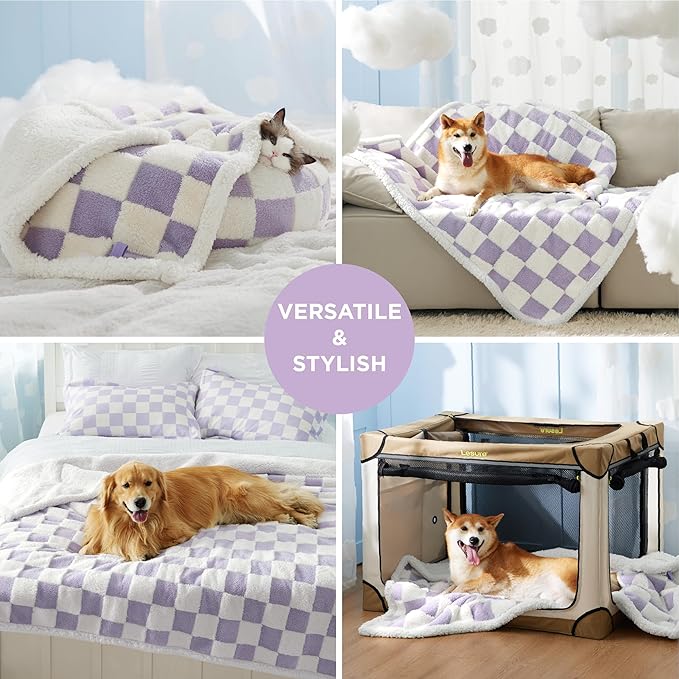 Lesure Waterproof Dog Blanket for Large Dogs - Washable Double Sided Dog Blankets with Warm Jacquard Shag and Soft Sherpa Fleece, Pet Cat Blanket for King Bed Protection, 3D Textured Checks, Purple