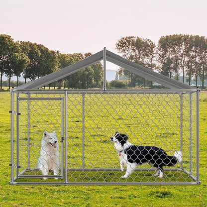 9.8' Outdoor Dog Cage with Waterproof UV-Resistant Cover,Large Metal Galvanized Rustproof Outdoor Puppy Fence W/Security Door,Heavy Duty Kennel for Farm & Garden,Silver