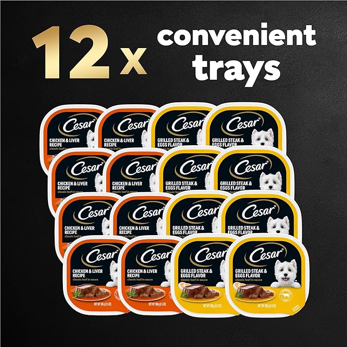 Cesar Wet Dog Food Classic Loaf in Sauce Breakfast and Dinner Mealtime Variety Pack, 3.5 oz. Easy Peel Trays (12 Count, Pack of 1)