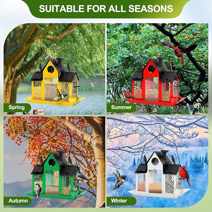 Solar Bird Feeders House for Outdoors Hanging, 7LBS Large Capacity Metal Wild Bird Feeder Squirrel Proof for Outside with Water Cup, Cardinal Birdfeeder Birdhouses Gift for Bird Lovers (Yellow)