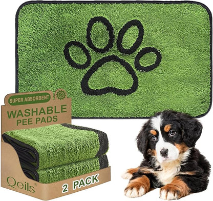 Qeils Washable Pee Pads for Dogs, 2 Pack Super Absorbent Reusable Puppy Pads with Green Long Wool for Potty Training, Floor, Couch, Bed, and Crate,18"x 30"