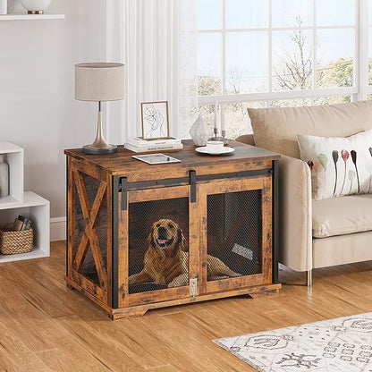 GAOMON Sliding Doors Dog Crate Furnitureï¼_ndoor Wooden Dog Crate Furniture with End Table and Flip-top Plateï¼_etachable Divider for Dog Kennel,Dog House, Rustic Brown