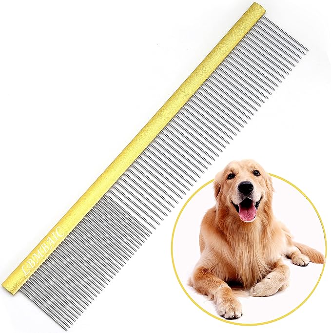 10inches Large Metal Dog Grooming Comb for Shedding Matted Hair for Large Dogs Metal Dog Comb with Long Wide Tooth for Poodles and Goldendoodles Reduce Tangles,Mats and Knots.(Gold)