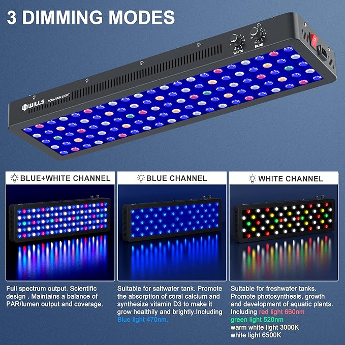 WILLS Full Spectrum Aquarium Light, Reef Lights for Coral with Dual Dimmable Channels, 105 Premium SMD Chips, Daisy Chain Design, Hanging Saltwater Fish Tank Light for SPS/LPS Coral Reef (300W/Black)