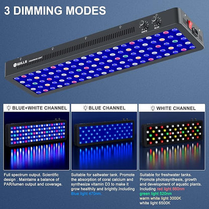 WILLS Full Spectrum Aquarium Light, Reef Lights for Coral with Dual Dimmable Channels, 105 Premium SMD Chips, Daisy Chain Design, Hanging Saltwater Fish Tank Light for SPS/LPS Coral Reef (300W/Black)