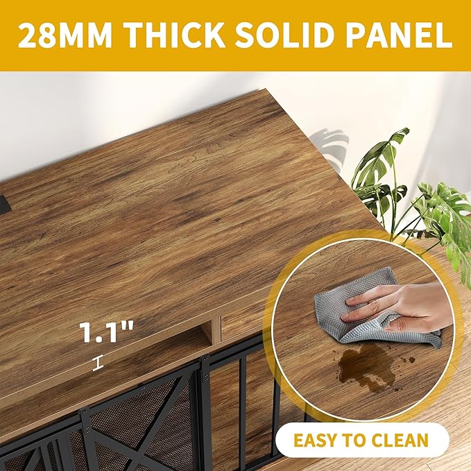 DWVO 63 Inch Double Dog Crate Furniture for 2 Dogs, Heavy Duty Wooden Dog Crate TV Stand with Charging Station, Dog Kennel Indoor Furniture Double Sliding Barn Door Design Ideal for 2 Dogs, Oak