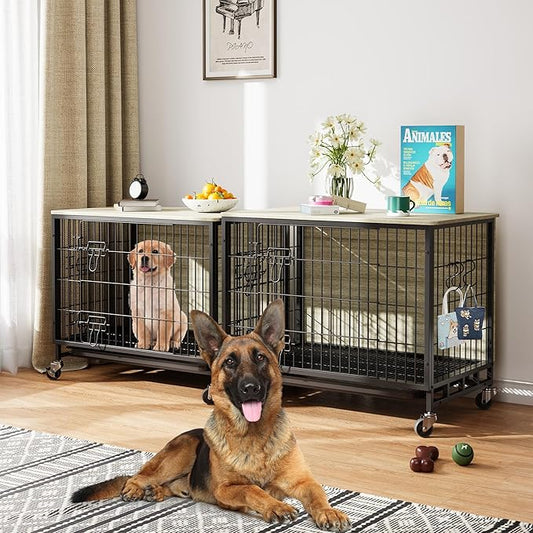 Dog Crate Furniture, 27.2" Wooden Dog Kennel with Wheels & Double Doors, Dog Cage End Table Upgraded, Indoor Dog Crate House for Small Medium Dogs, Rustic Grey
