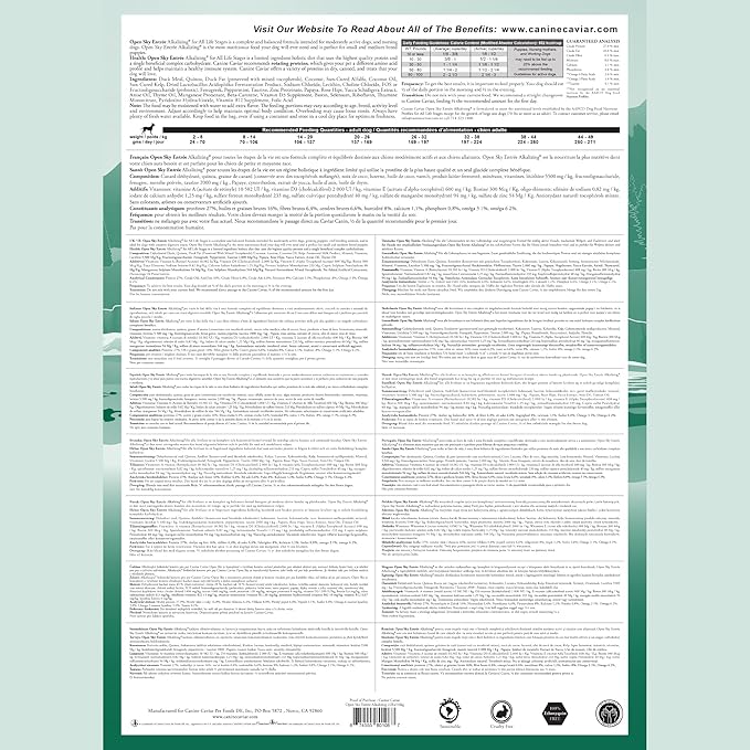 Canine Caviar - Open Sky: Duck & Teff Alkaline Dry Dog Food, Limited Ingredients, Gluten-Free, Based on Science & Research, Veterinary Alternative Diet (22 Pound Bag)