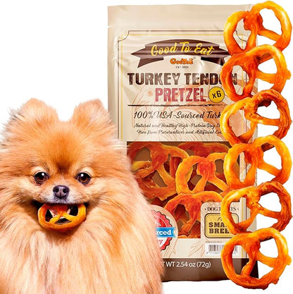 Gootoe Turkey Tendon Dog Treats  100% USA-Sourced, Natural Snack, Premium Training Chews, Hypoallergenic, Reseal Value Bags, Size for Small Dogs, Pretzel (Small) 6 Unit/Pack