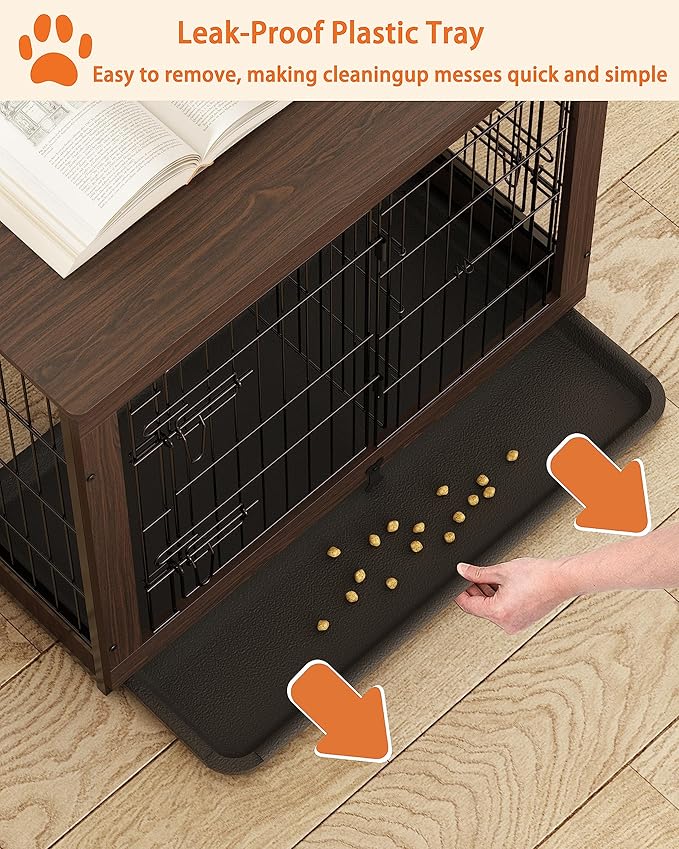 Piskyet Wooden Dog Crate Furniture with Divider Panel, Dog Crate End Table with Fixable Slide Tray, Dog Kennel Furniture, Dog Kennel Indoor for Medium Dogs(M:31.8" L*22.1" W*26.3" H,Brown Walnut)