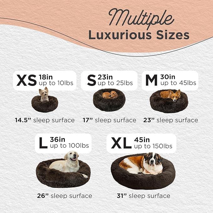 Best Friends by Sheri Original Calming Donut Dog and Cat Bed, Shag Faux Fur, Dark Brown, (23in x 23in) - Anxiety Relief for Pets Up to 25 lbs