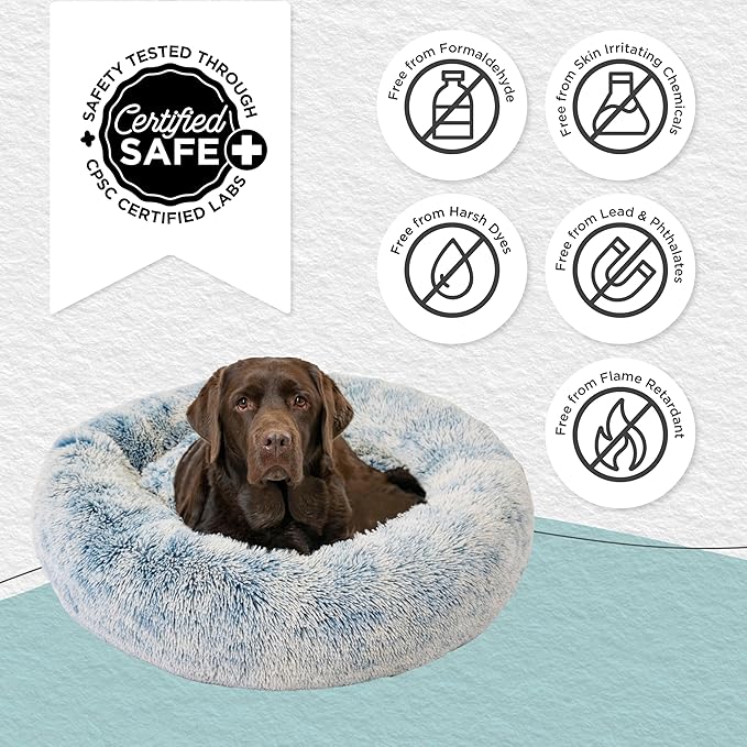 Best Friends by Sheri Original Calming Donut Dog and Cat Bed, Shag Faux Fur, Denim Blue, (36in x 36in) - Anxiety Relief for Pets Up to 100 lbs