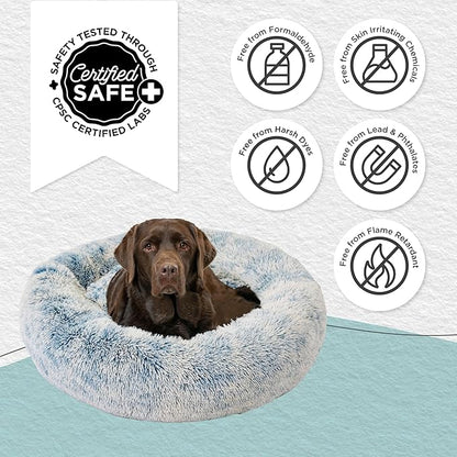 Best Friends by Sheri Original Calming Donut Dog and Cat Bed, Shag Faux Fur, Denim Blue, (36in x 36in) - Anxiety Relief for Pets Up to 100 lbs