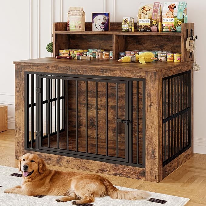 IRONCK Dog Crate Furniture, 43.3 inches Wooden Large Dog Crate with Storage and 4 Hooks, Heavy Duty Pet Crate for Large Dog, Decorative Pet Cage for Indoor (30" L x 43.3" W x 41.1" H)